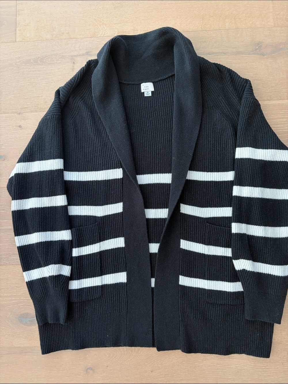 a new day Black and White Striped Shawl Collar Cardigan